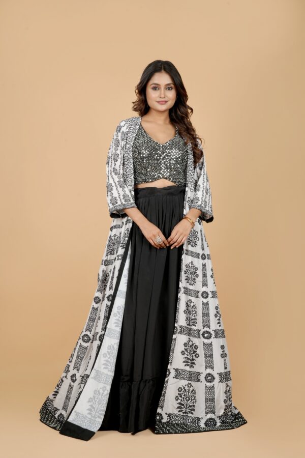 Black & White Crop Top with Palazzo & Printed Cape