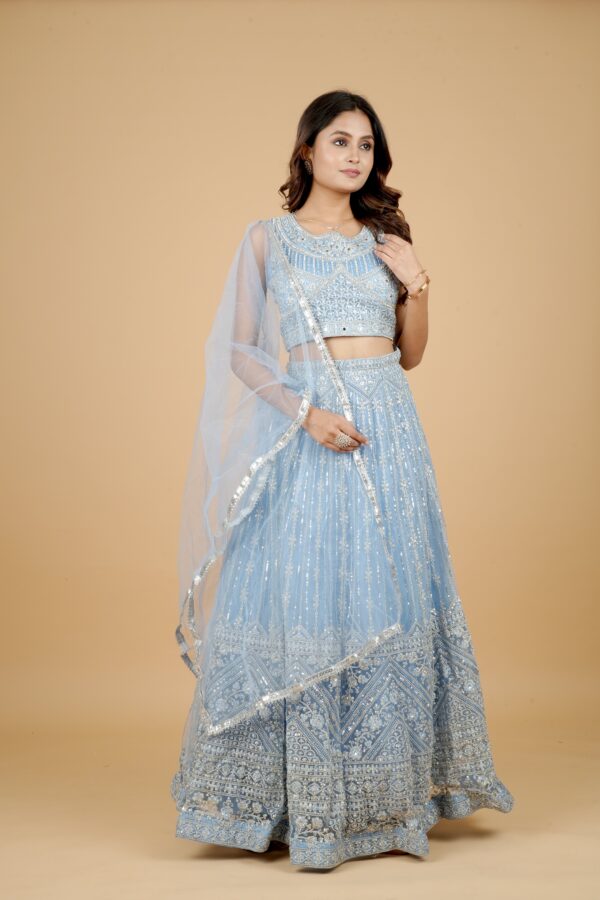 Sky Blue Sequined Lehenga with Embellished Blouse & Dupatta