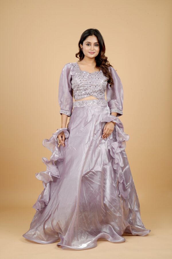 Lilac Ruffle Lehenga Set with Mirror Work Blouse