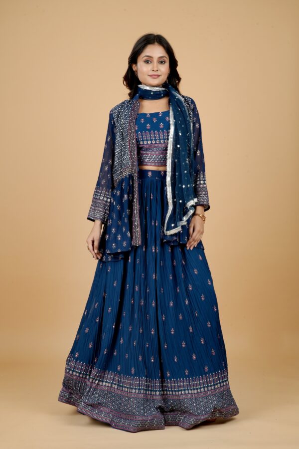 Navy Blue Embroidered Lehenga Set with Jacket & Dupatta