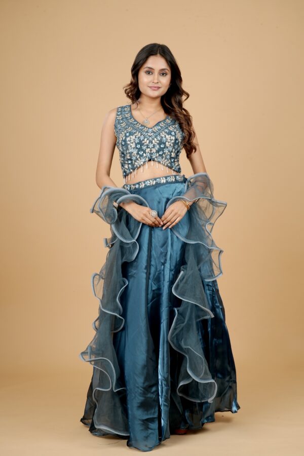 Teal Blue Ruffle Lehenga with Embroidered Blouse