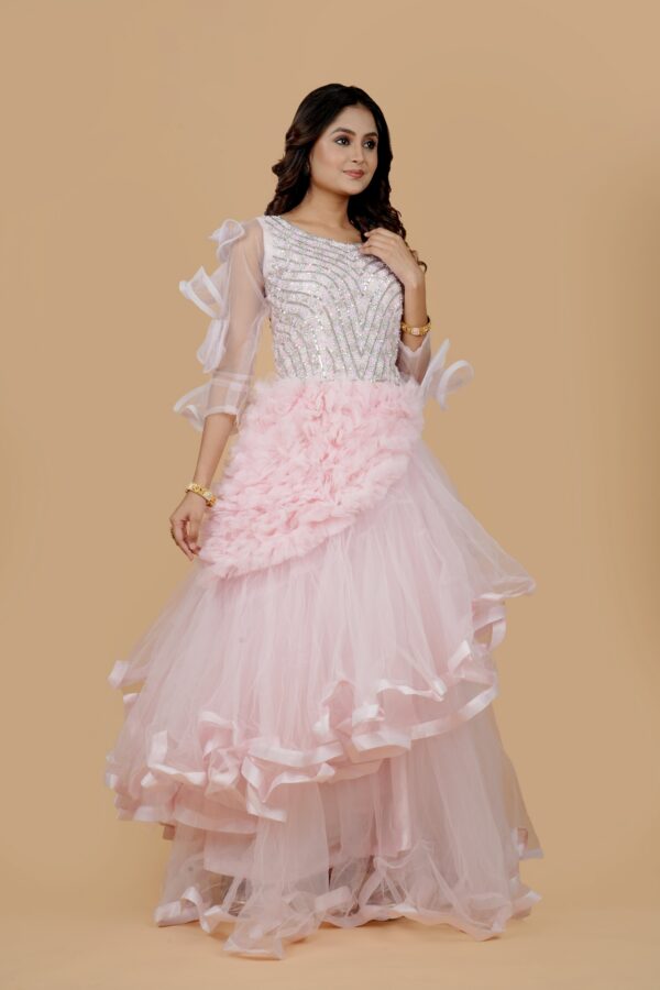 Pink Ruffle Gown with Sequin Embellished Bodice - Image 3