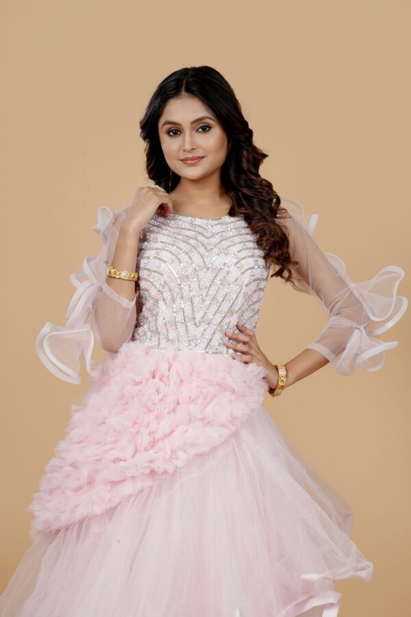 Pink Ruffle Gown with Sequin Embellished Bodice - Image 4