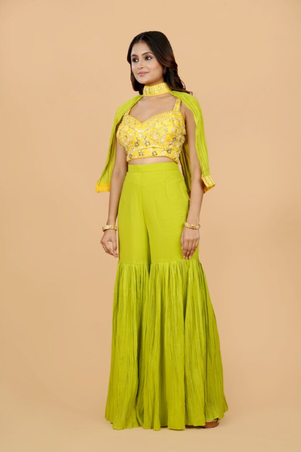 Yellow Embroidered Crop Top with Green Palazzo & Cape Set - Image 2