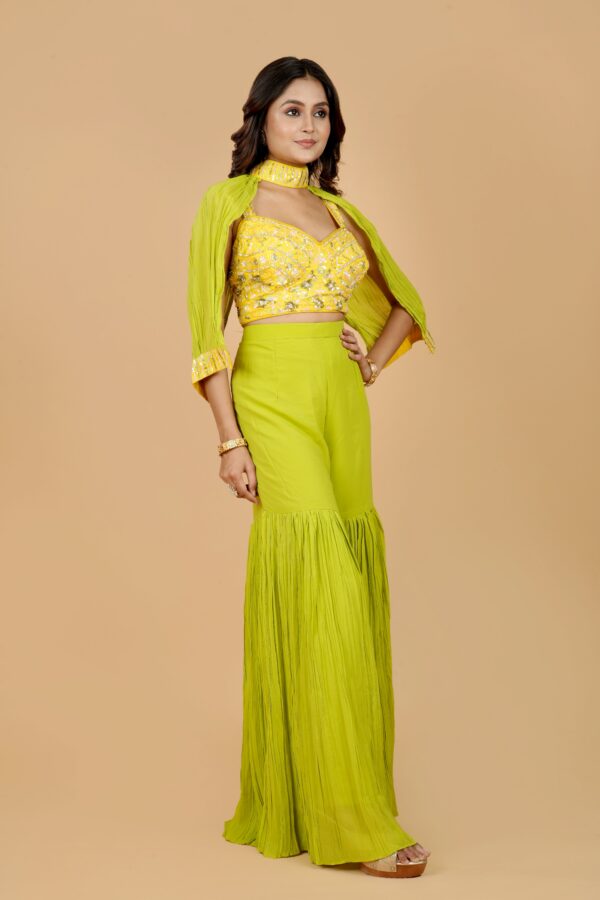Yellow Embroidered Crop Top with Green Palazzo & Cape Set - Image 3