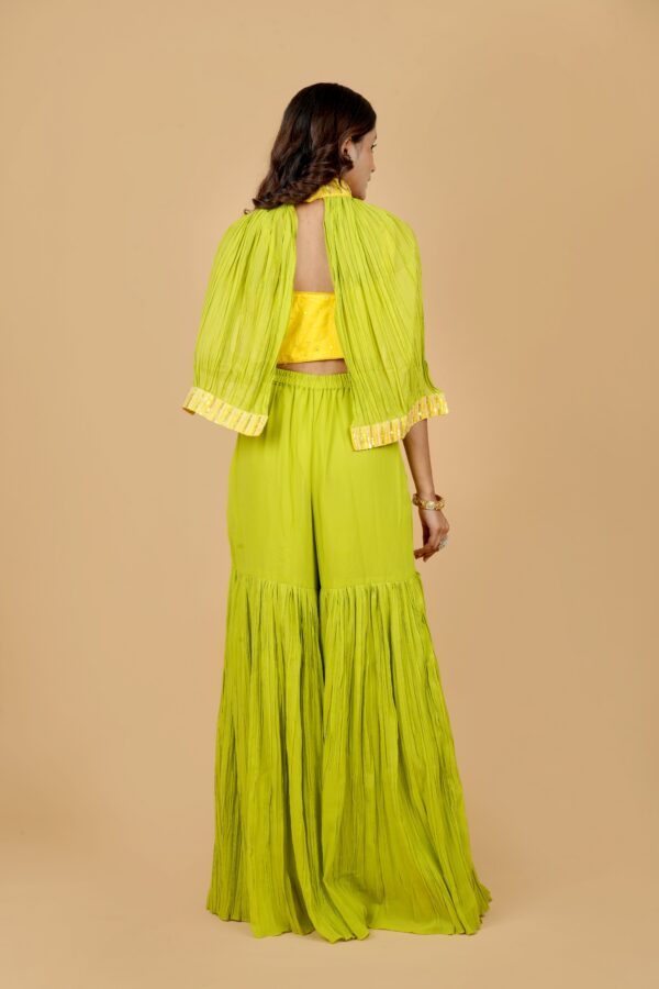 Yellow Embroidered Crop Top with Green Palazzo & Cape Set - Image 5