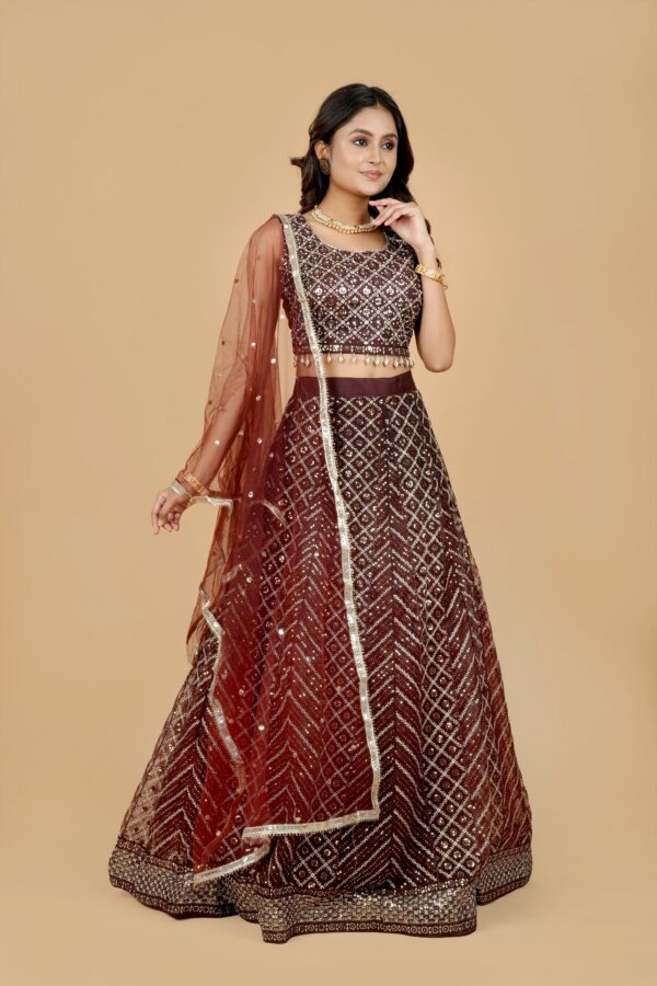 Maroon Sequin Lehenga with Net Dupatta - Image 3