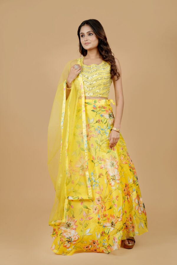 Yellow Floral Lehenga Set with Sequin Blouse - Image 2