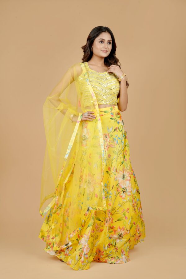 Yellow Floral Lehenga Set with Sequin Blouse - Image 3