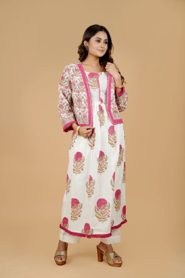 White Printed Kurta with Jacket & Pants - Image 2