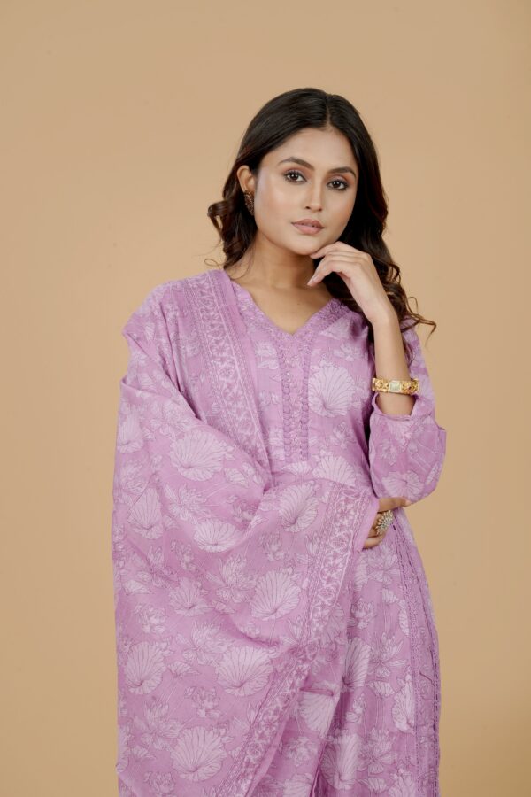 Lavender Floral Kurta with Pants & Dupatta Set - Image 4