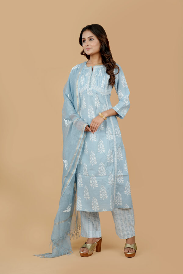 Light Blue Printed Kurta with Pants & Dupatta - Image 2