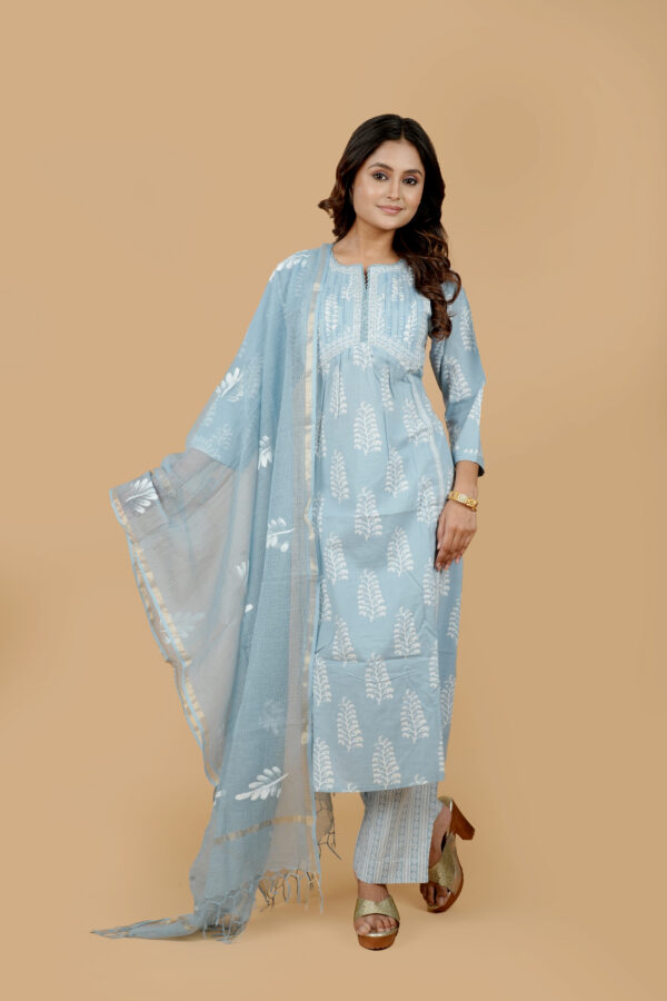 Light Blue Printed Kurta with Pants & Dupatta - Image 3