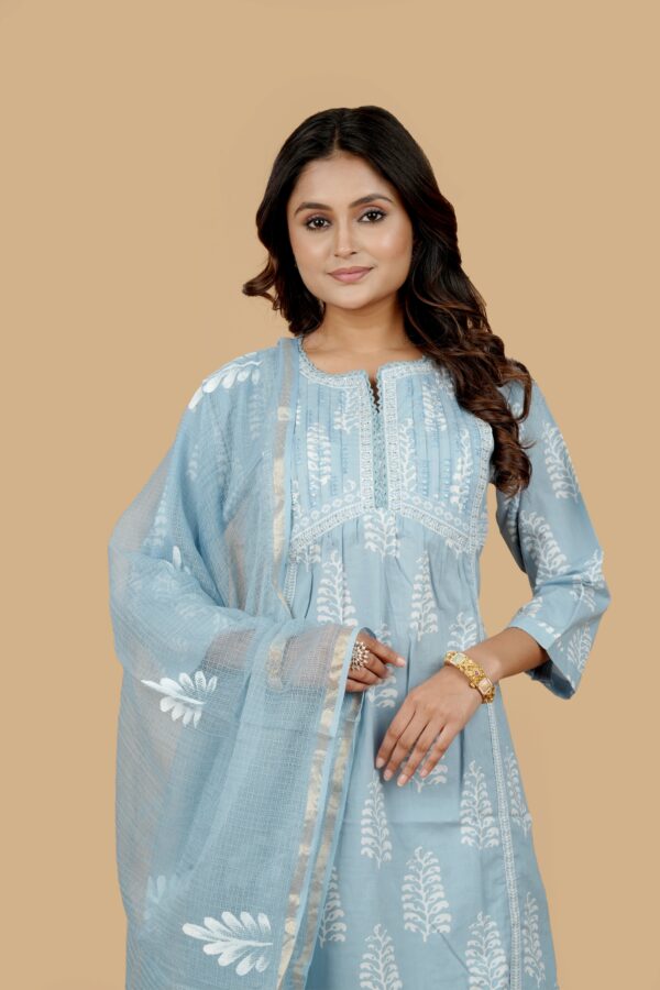 Light Blue Printed Kurta with Pants & Dupatta - Image 4