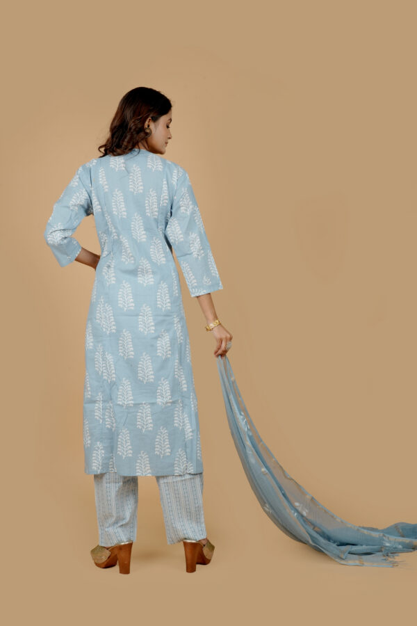 Light Blue Printed Kurta with Pants & Dupatta - Image 5