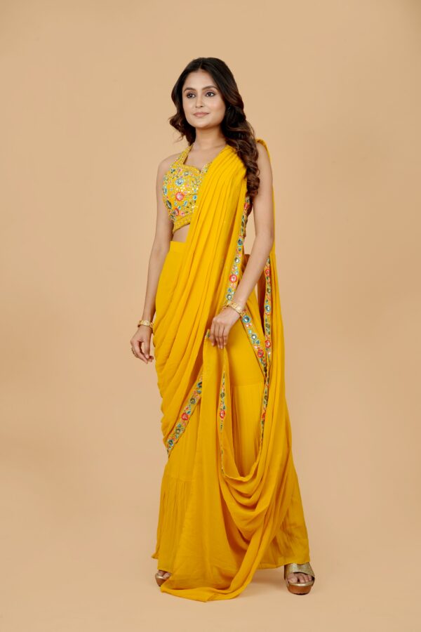Yellow Embroidered Saree with Embellished Blouse - Image 2
