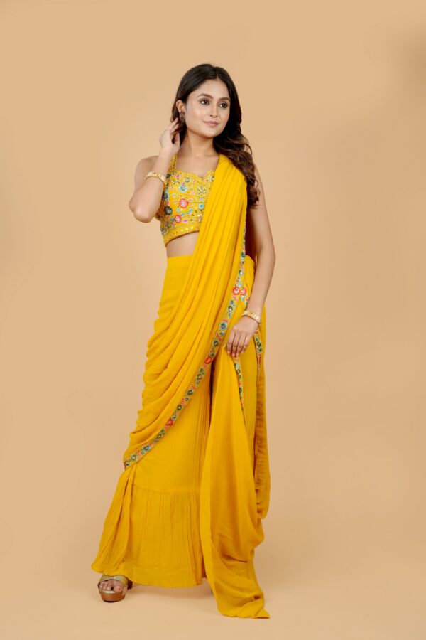 Yellow Embroidered Saree with Embellished Blouse - Image 3