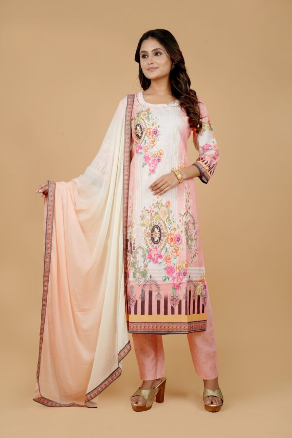 Pink Floral Print Kurti with Pants & Dupatta - Image 2