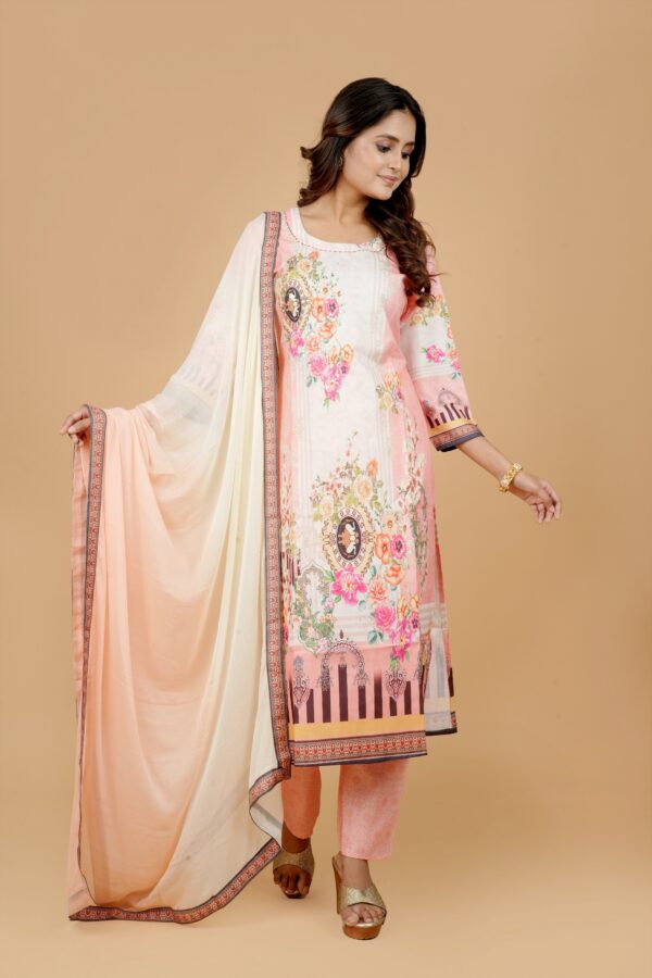 Pink Floral Print Kurti with Pants & Dupatta - Image 3