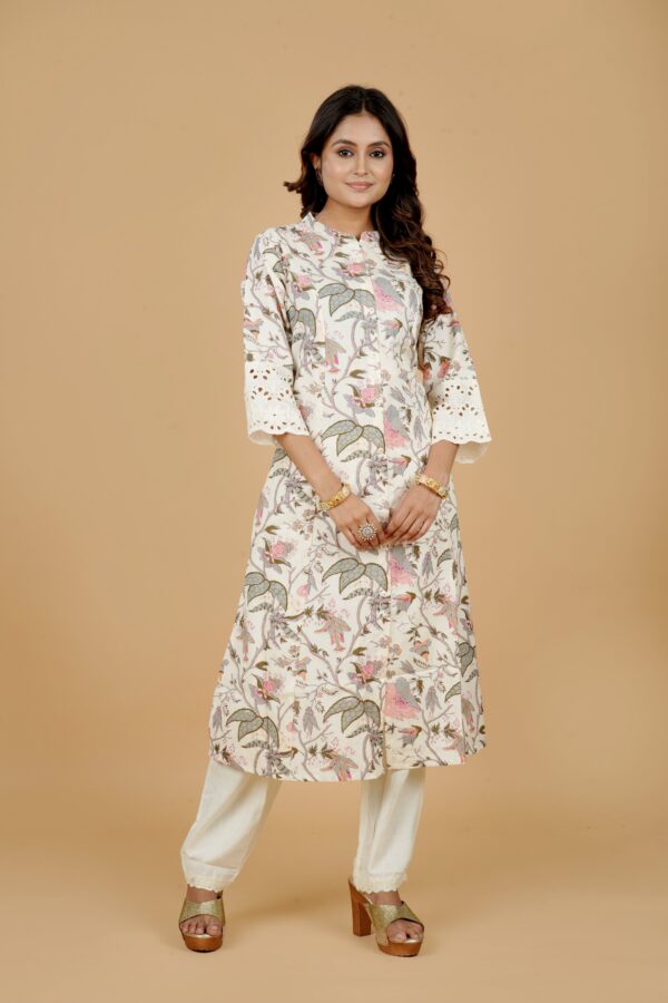 Ivory Floral Print Kurta with Lace Trim Pants - Image 2