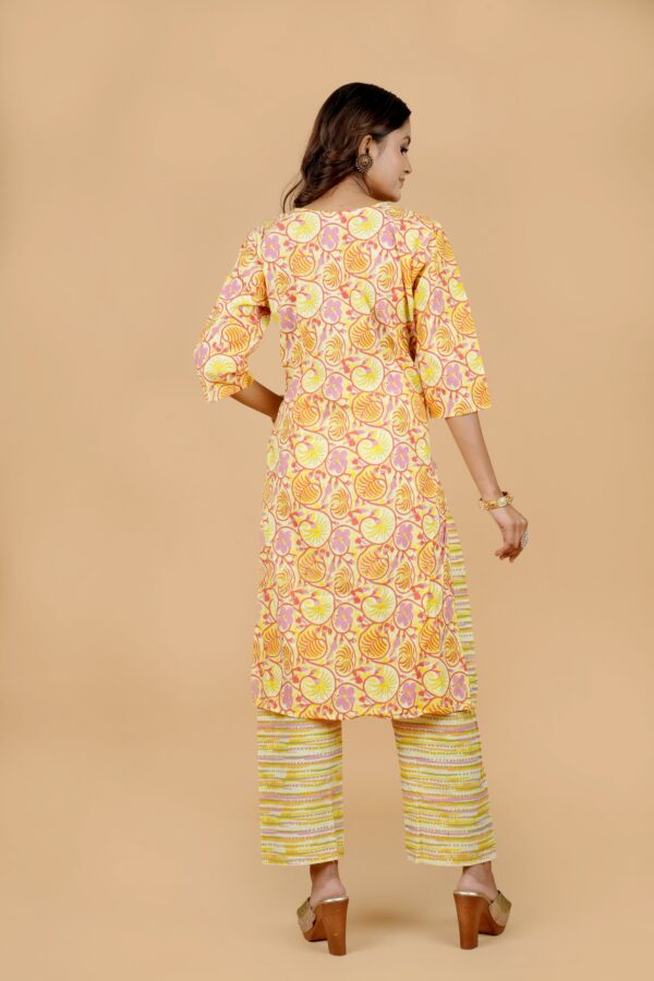 Yellow Floral Print Kurti with Striped Palazzo Set - Image 2