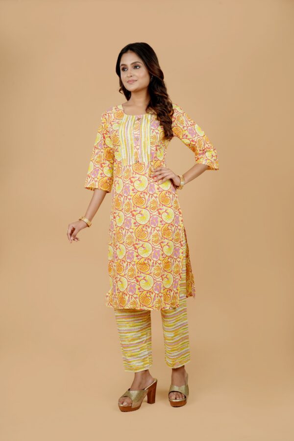 Yellow Floral Print Kurti with Striped Palazzo Set - Image 3