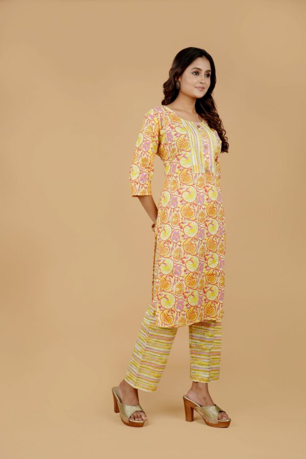 Yellow Floral Print Kurti with Striped Palazzo Set - Image 4