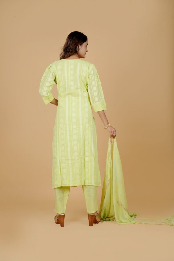 Lime Green Embroidered Kurti Pant Set with Dupatta - Image 2