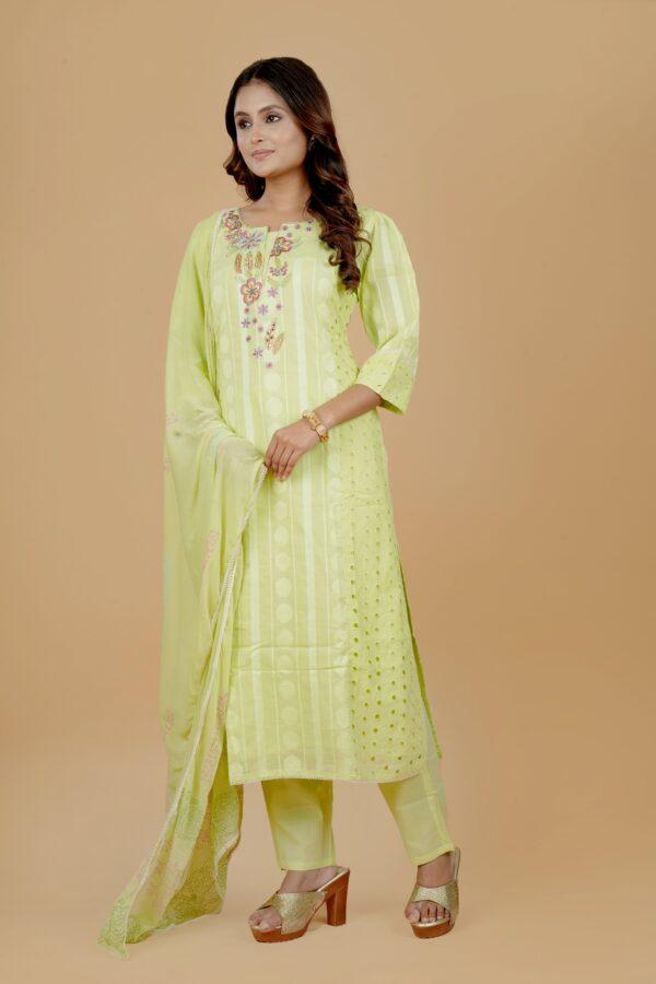 Lime Green Embroidered Kurti Pant Set with Dupatta - Image 4