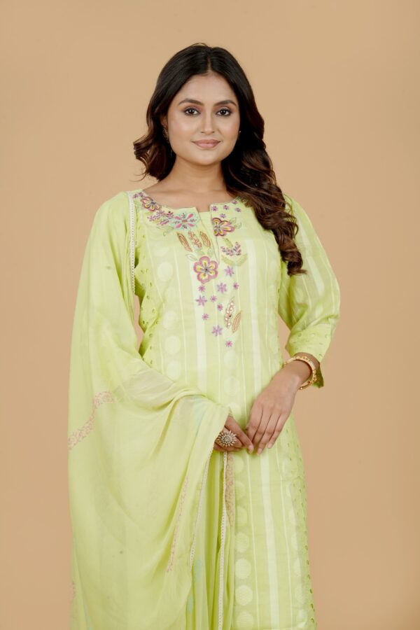 Lime Green Embroidered Kurti Pant Set with Dupatta - Image 5