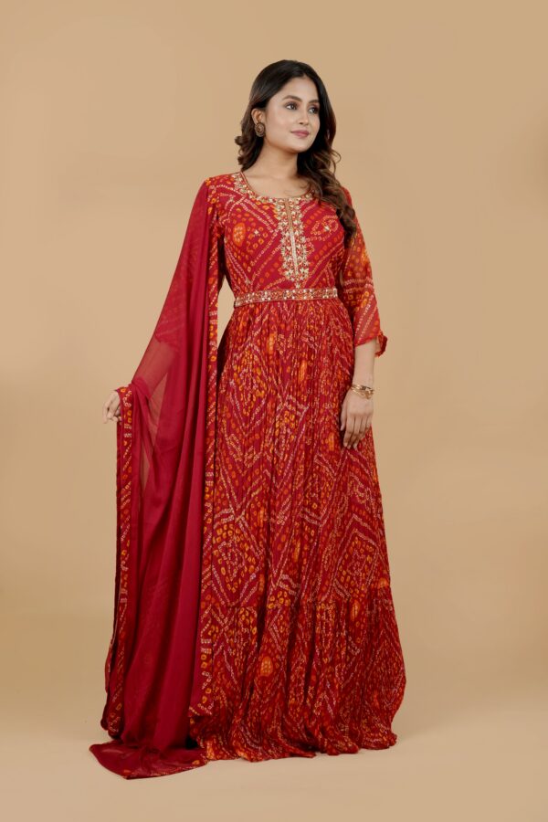 Red Printed Anarkali Gown with Dupatta - Image 2