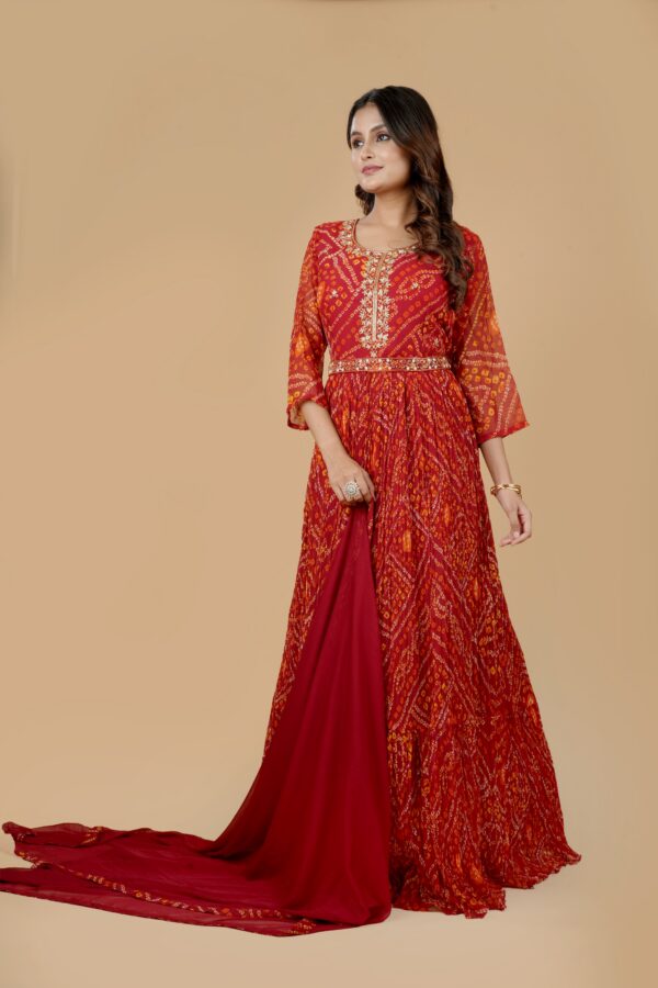 Red Printed Anarkali Gown with Dupatta - Image 3