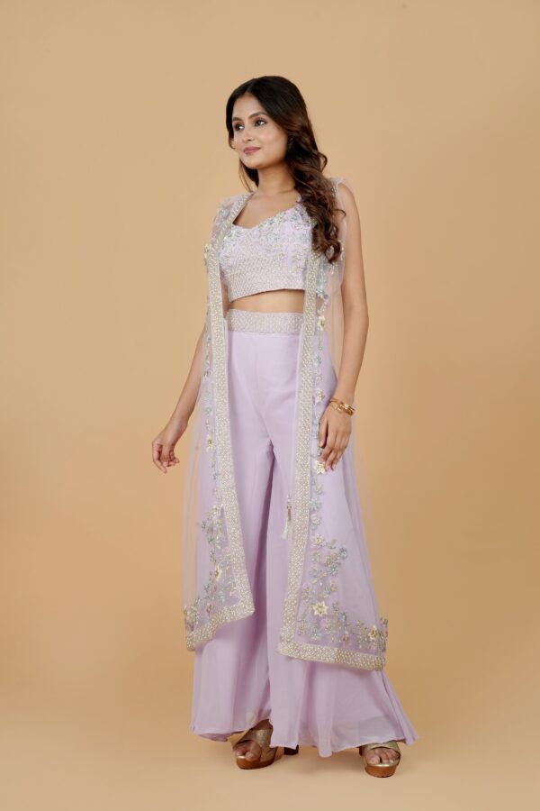 Lavender Embroidered Sharara Set with Jacket - Image 3