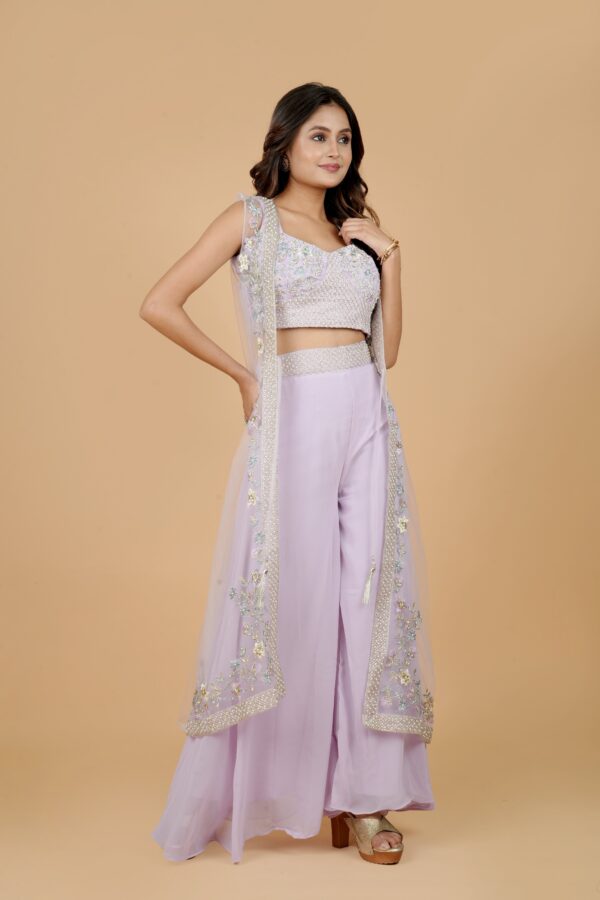 Lavender Embroidered Sharara Set with Jacket - Image 4