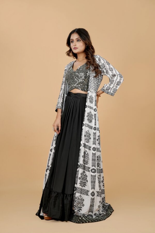 Black & White Crop Top with Palazzo & Printed Cape - Image 3