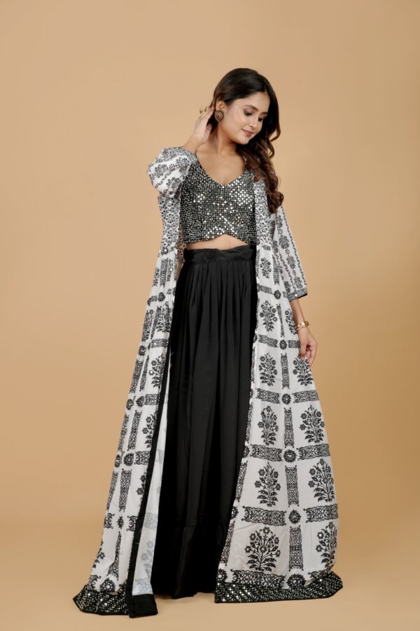 Black & White Crop Top with Palazzo & Printed Cape - Image 4