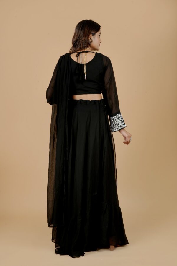 Black Embroidered Blouse with Drape Skirt - Image 2