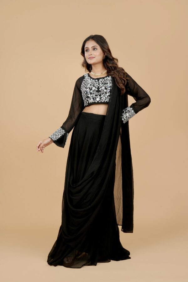 Black Embroidered Blouse with Drape Skirt - Image 3