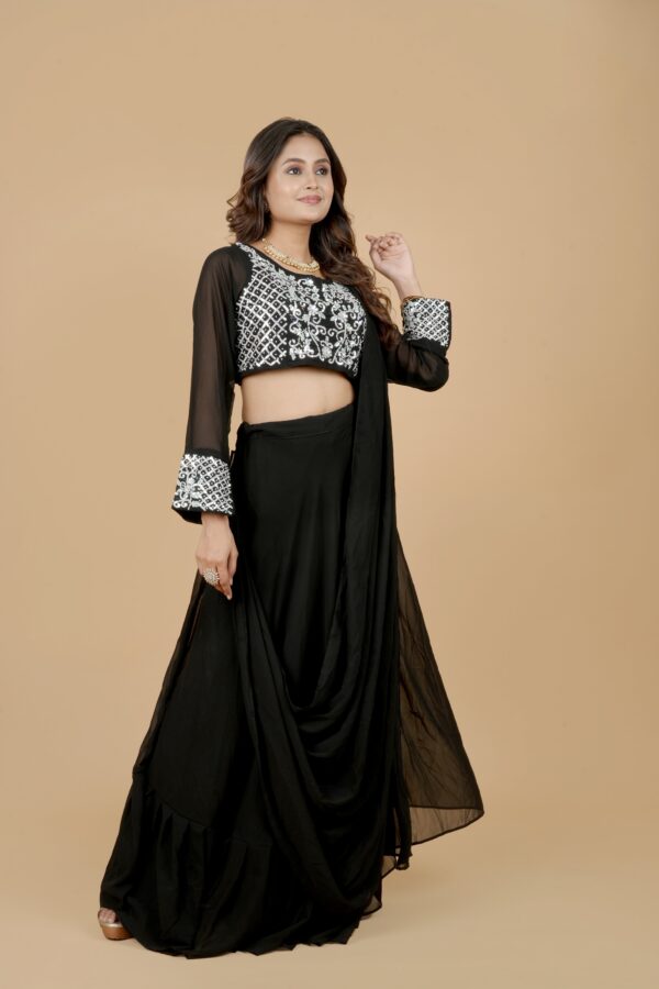 Black Embroidered Blouse with Drape Skirt - Image 4