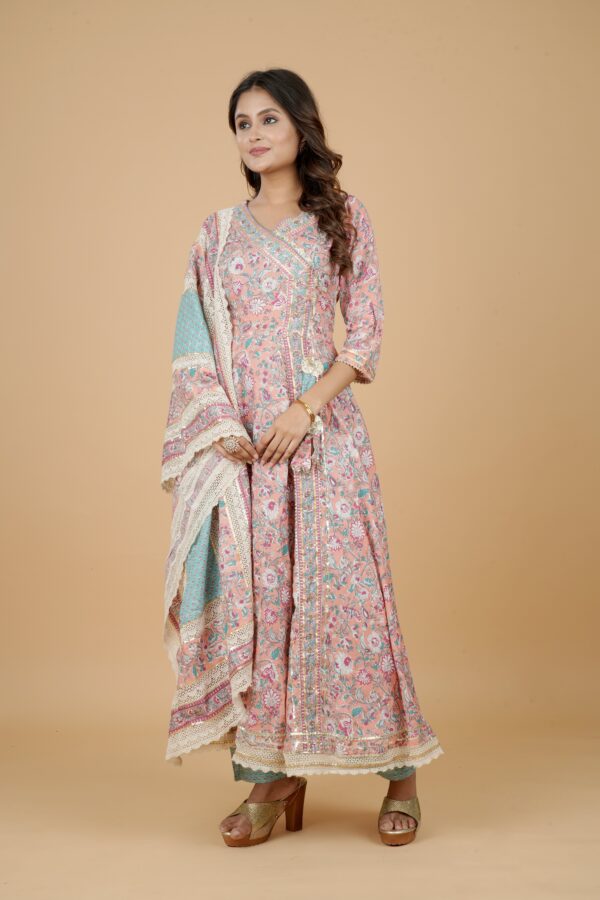 Peach Floral Anarkali Kurta with Dupatta & Pants Set - Image 2