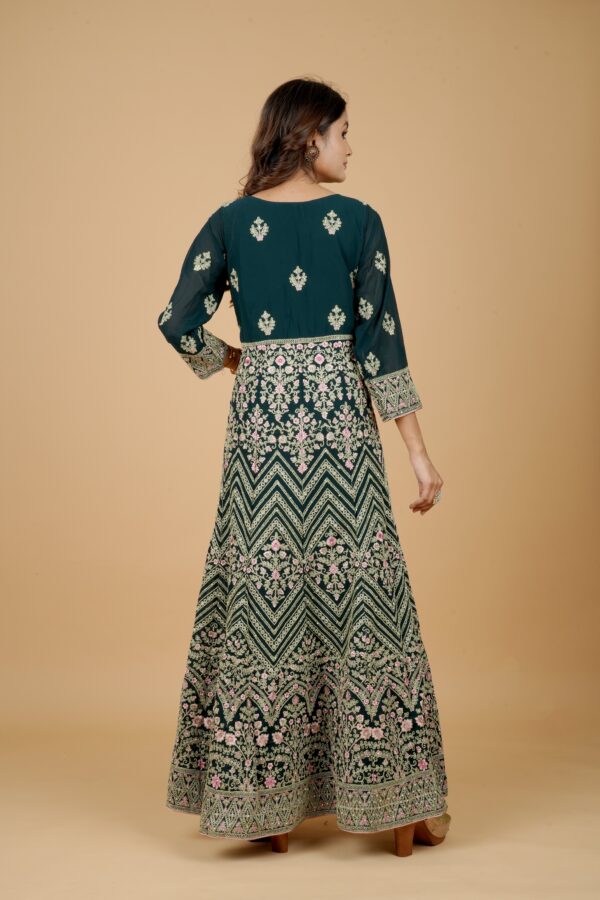 Green Embroidered Anarkali Gown with Pants - Image 2