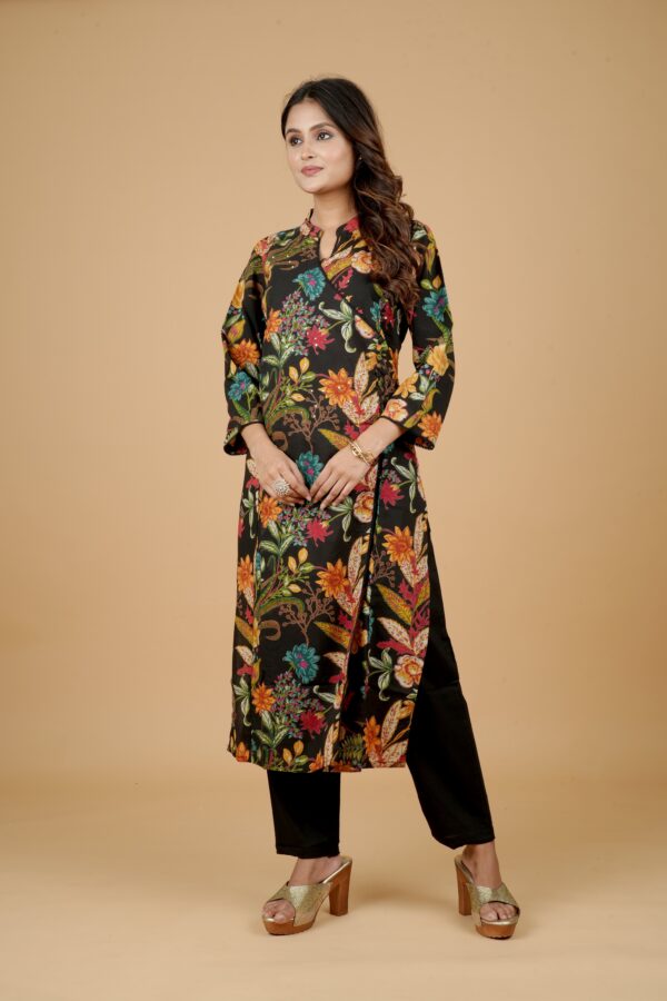 Black Floral Print Kurti Set with Pants - Image 3