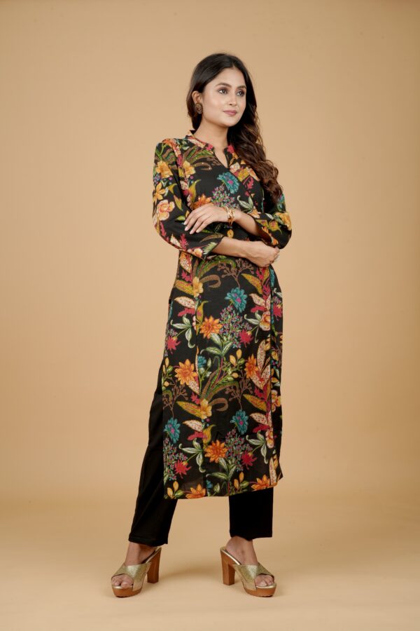 Black Floral Print Kurti Set with Pants - Image 4