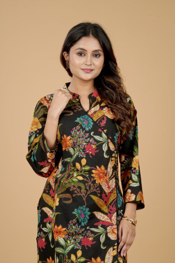Black Floral Print Kurti Set with Pants - Image 5