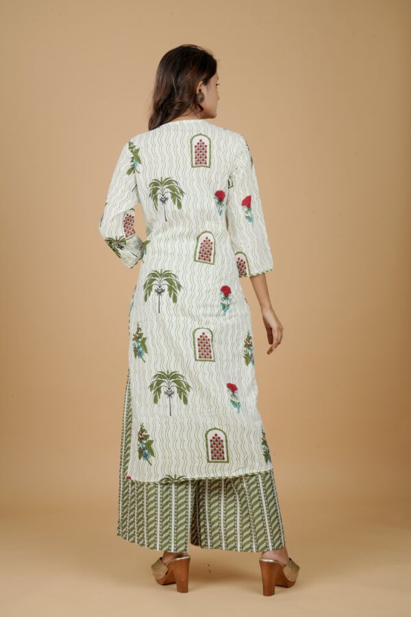 White Printed Kurta with Palazzo & Red Dupatta - Image 2
