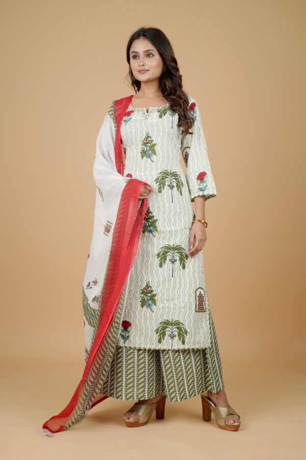 White Printed Kurta with Palazzo & Red Dupatta - Image 3