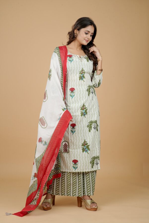 White Printed Kurta with Palazzo & Red Dupatta - Image 4