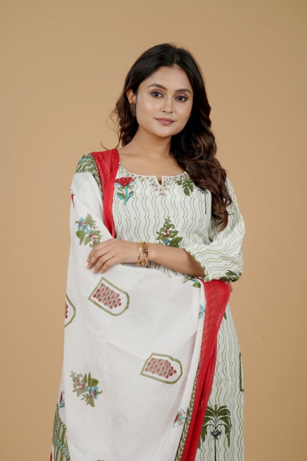 White Printed Kurta with Palazzo & Red Dupatta - Image 5
