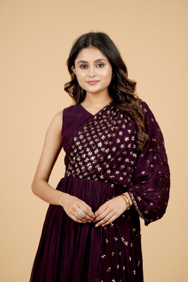 Purple Gown with Sequin Sleeve Detail - Image 5