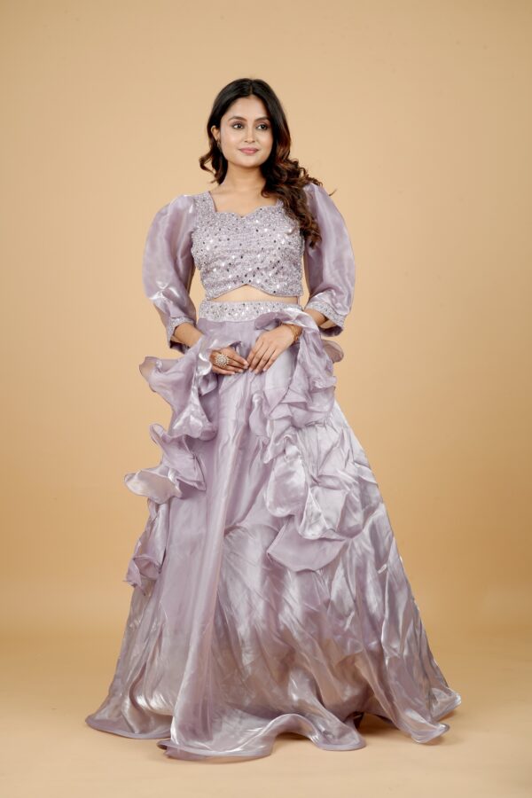 Lilac Ruffle Lehenga Set with Mirror Work Blouse - Image 2
